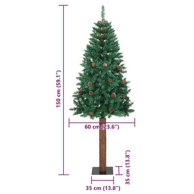 vidaXL Kerstboom met echt hout en dennenappels smal 150 cm PVC groen