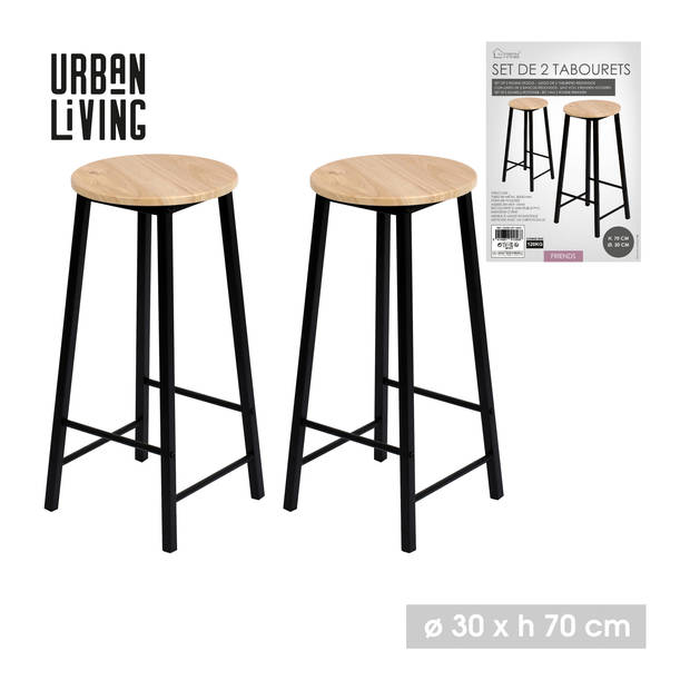 Urban Living Barkrukken set van 2x stuks - zwart/beige - metaal/hout - D30 x H70 cm - Krukjes