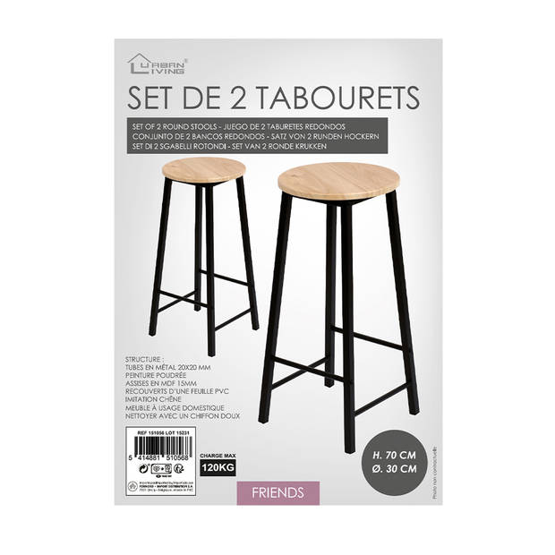 Urban Living Barkrukken set van 2x stuks - zwart/beige - metaal/hout - D30 x H70 cm - Krukjes