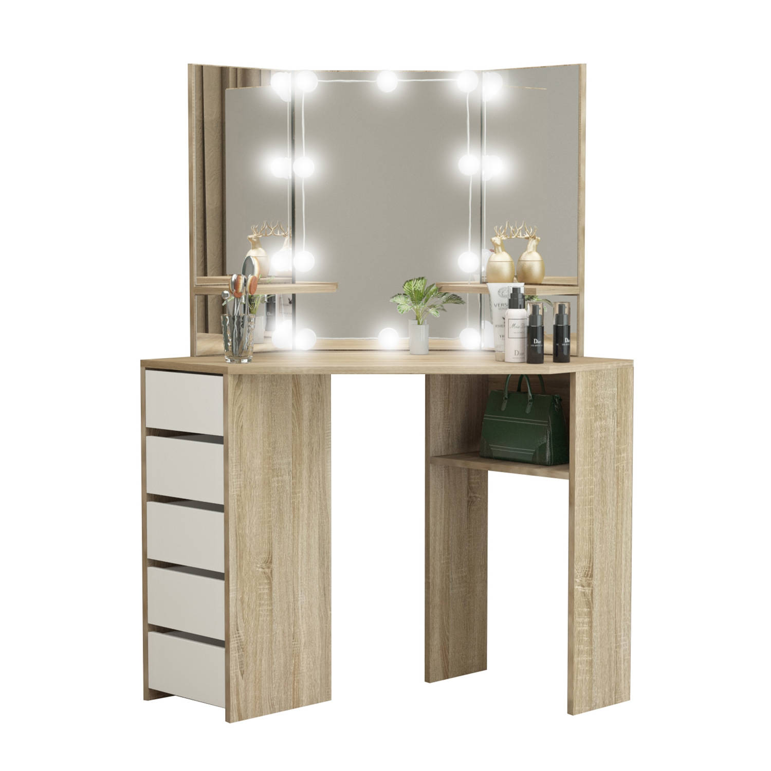 Ml-design Hoek Kaptafel Sonoma Met Led Verlichting, 3 Spiegels, Zwart Krukje, 5 Laden & 3 Legplanken