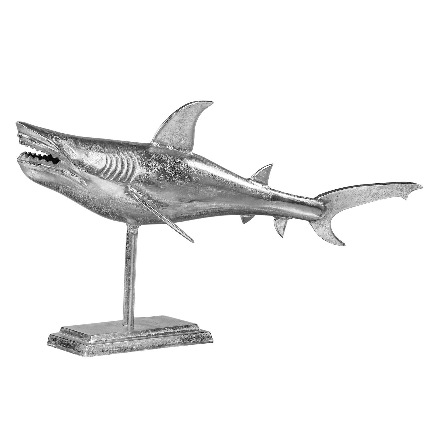 WOMO-DESIGN Haaienbeeld met standaard 106x36x61 cm uniek, gemaakt van gepolijst aluminium met nikkel afwerking, glanzend zilver, maritiem ontwerp, haaienbeeld decoratief figuur vis
