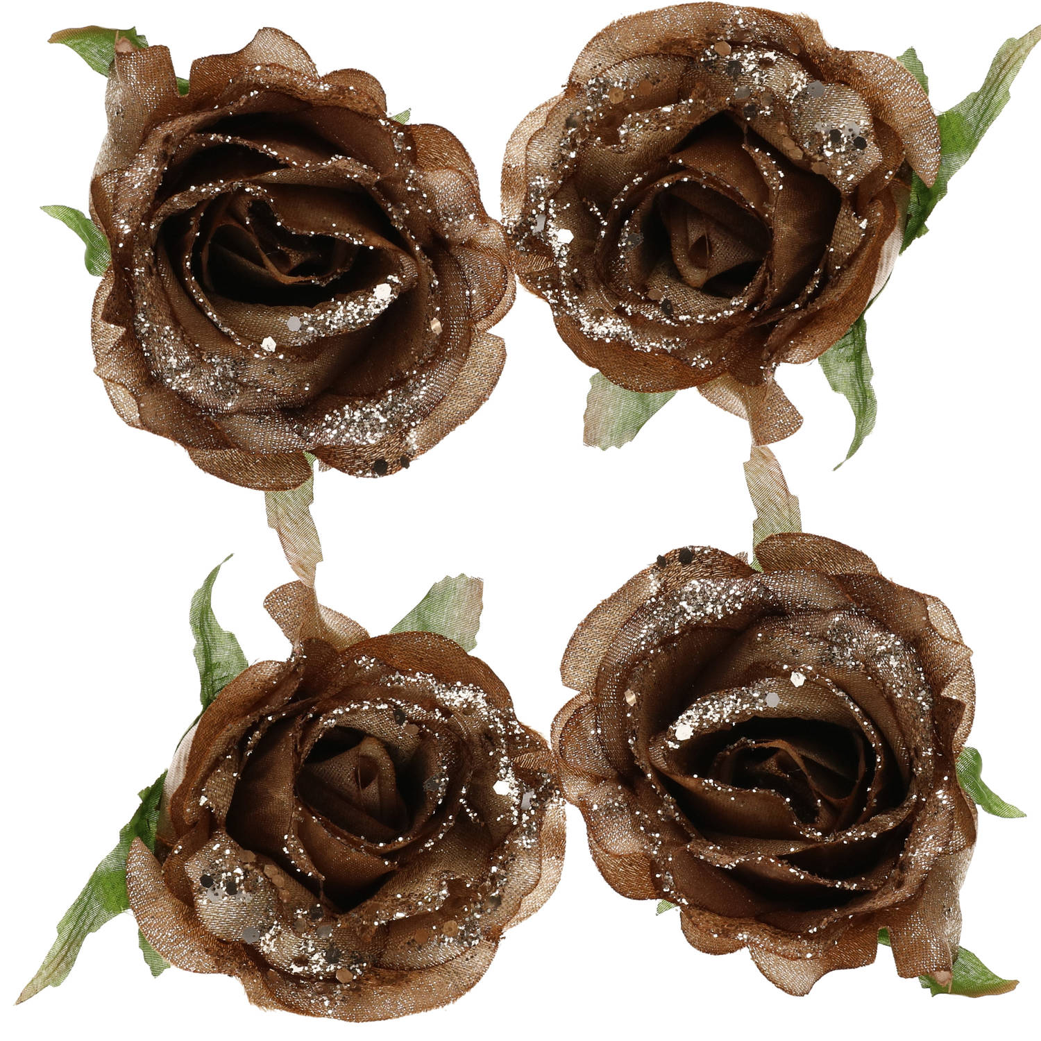 4x stuks decoratie bloemen roos goud bruin glitter op clip 10 cm - Kunstbloemen