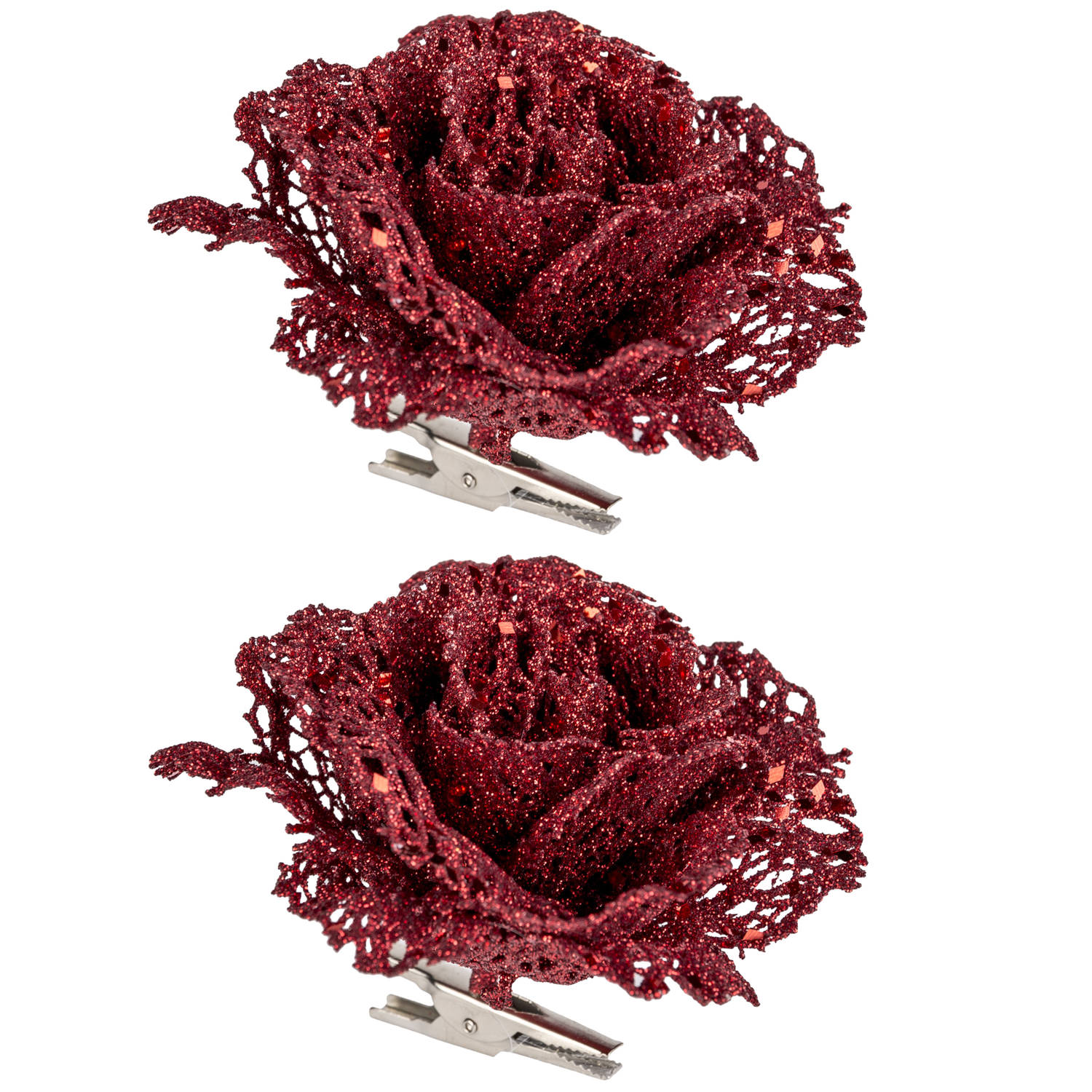 2x stuks decoratie bloemen roos rood glitter op clip 10 cm - Kunstbloemen