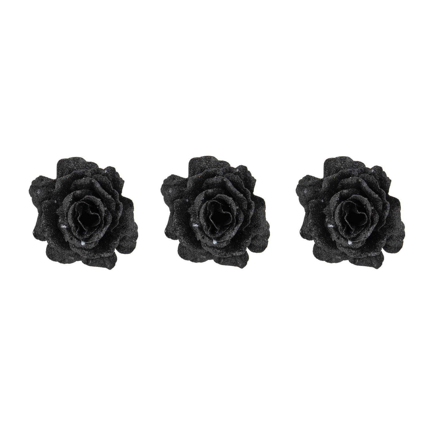 4x stuks decoratie bloemen roos zwart glitter op clip 10 cm - Kunstbloemen