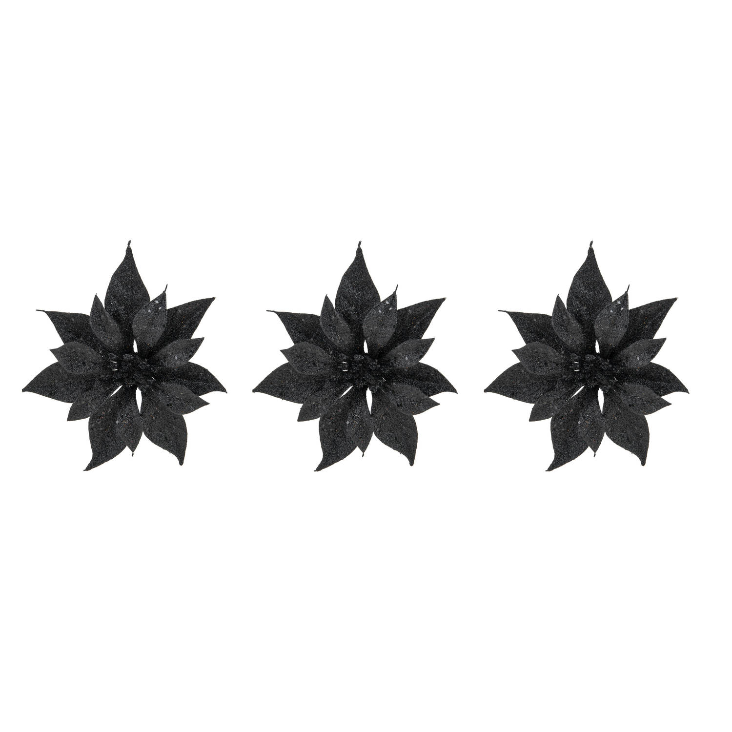3x Stuks Decoratie Bloemen Kerstster Zwart Glitter Op Clip 18 Cm Kersthangers