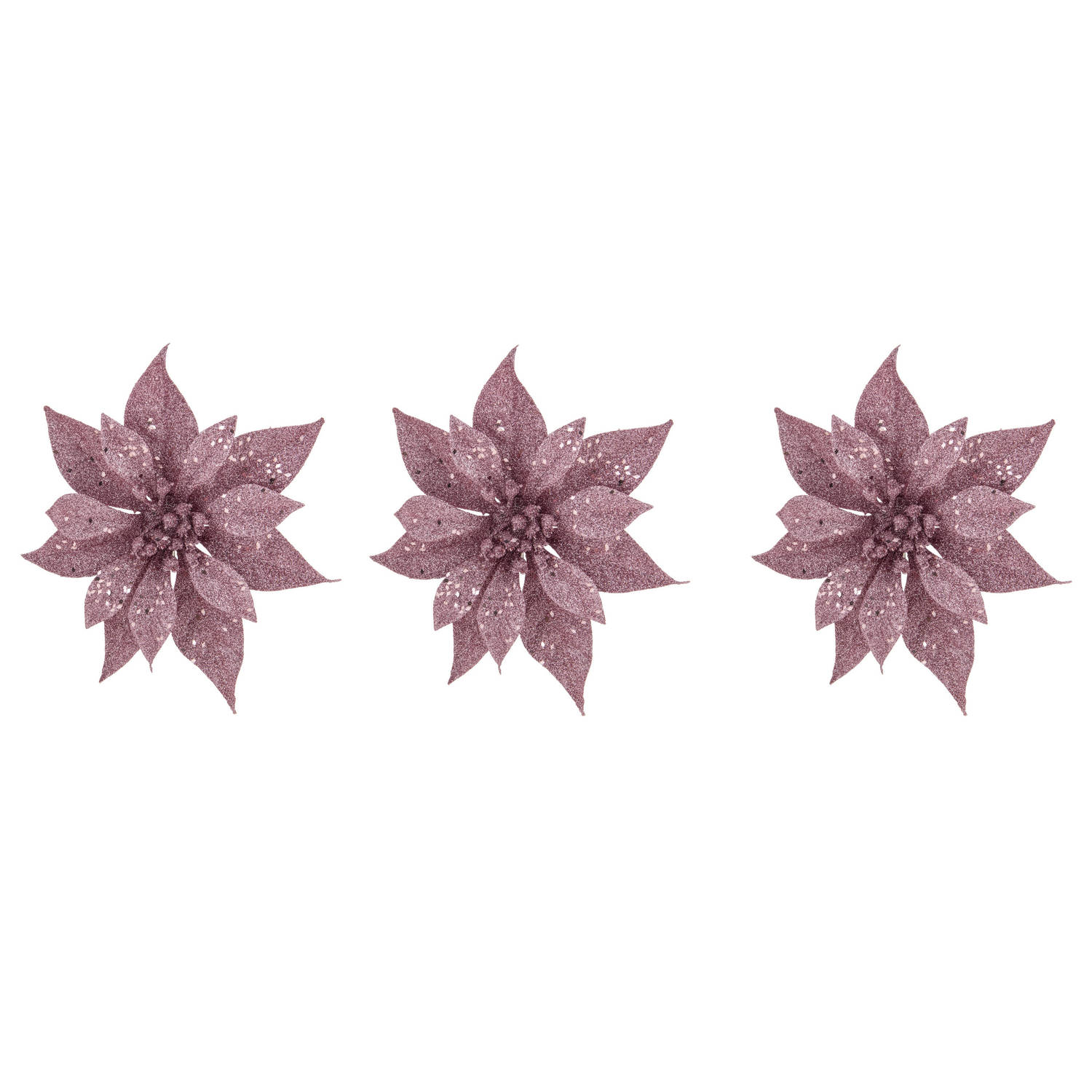 3x Stuks Decoratie Bloemen Kerstster Roze Glitter Op Clip 18 Cm Kersthangers