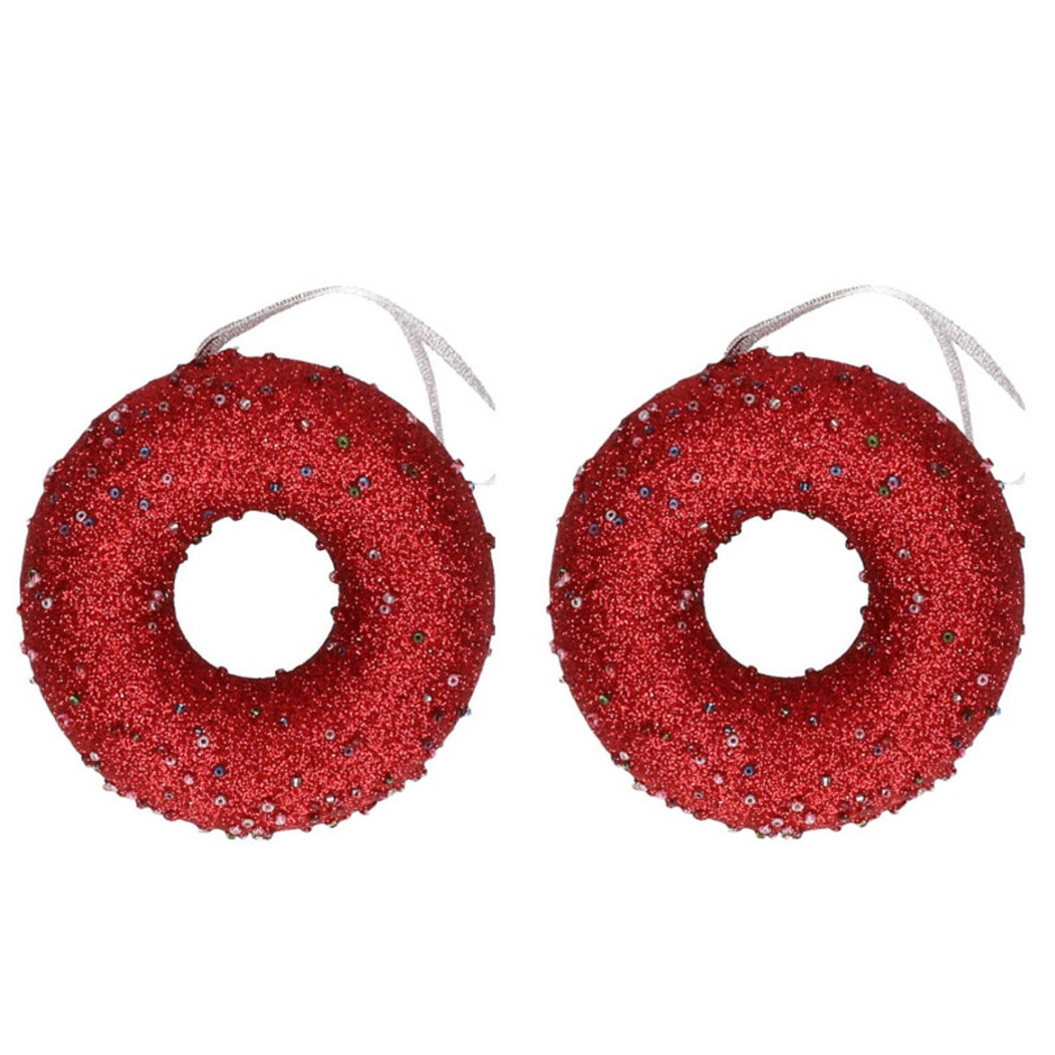 2x Kerst Rode Donuts Kerstornamenten Kersthangers 10 Cm Kersthangers