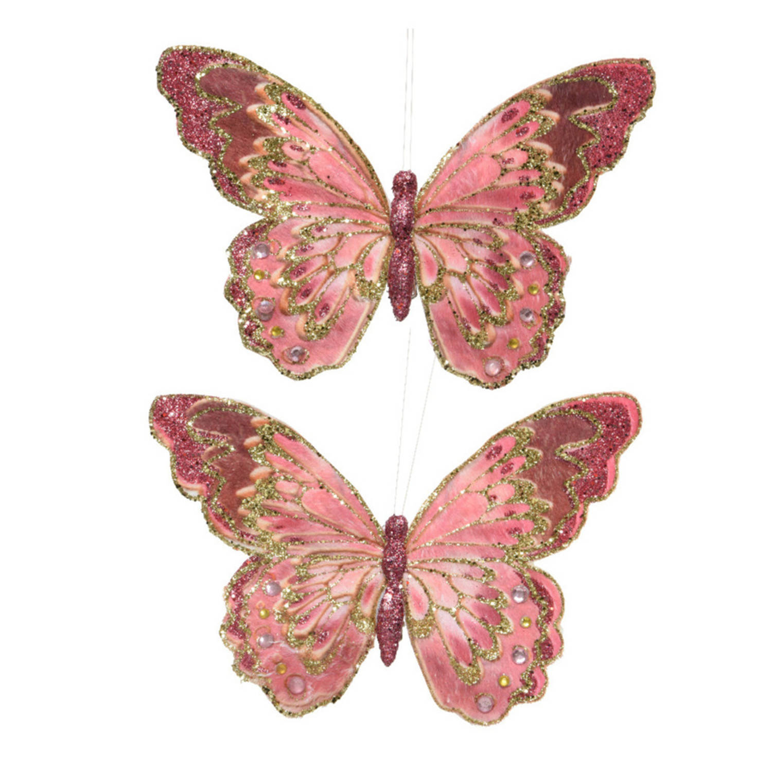 2x stuks decoratie vlinders op clip glitter roze 18 cm - Kersthangers