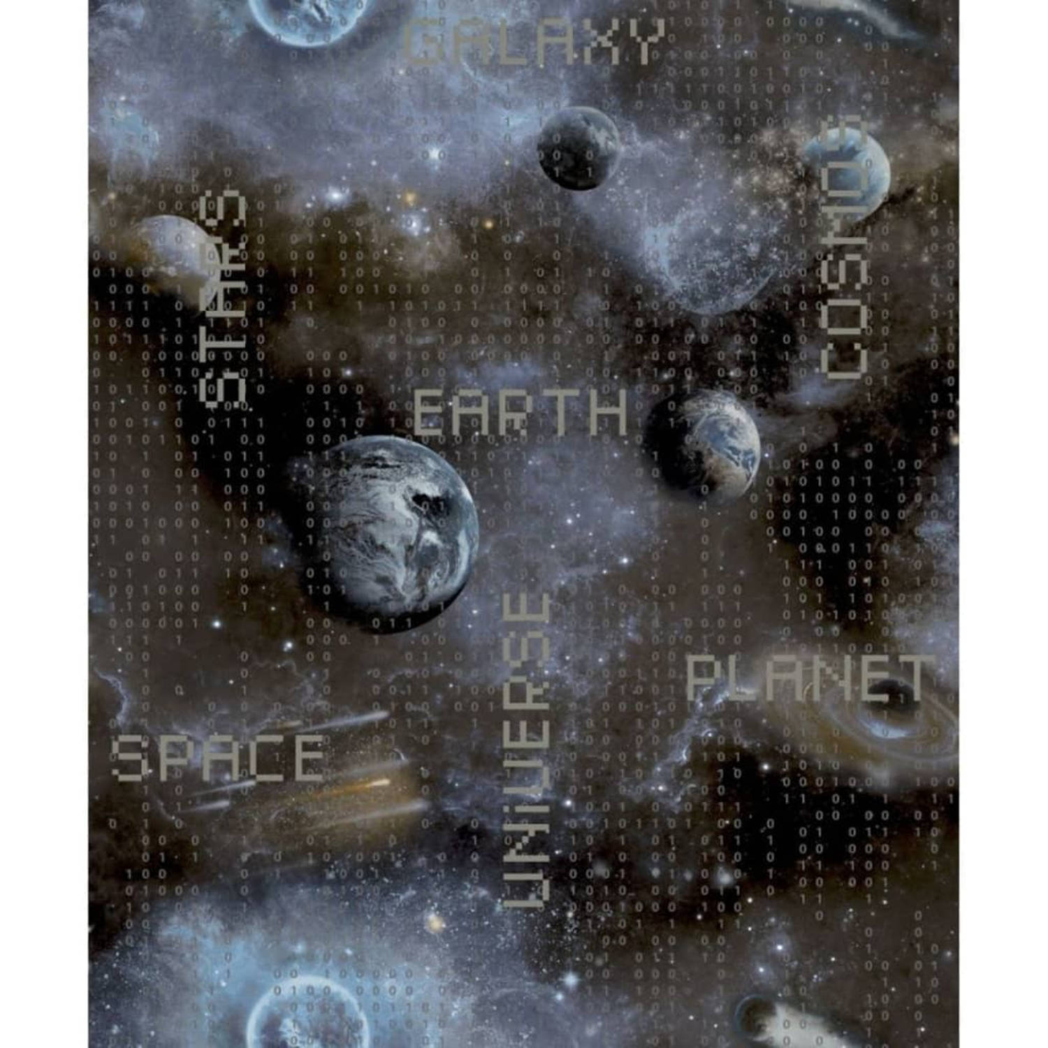 Good Vibes Behang Galaxy Planets And Text Blauw En Zwart