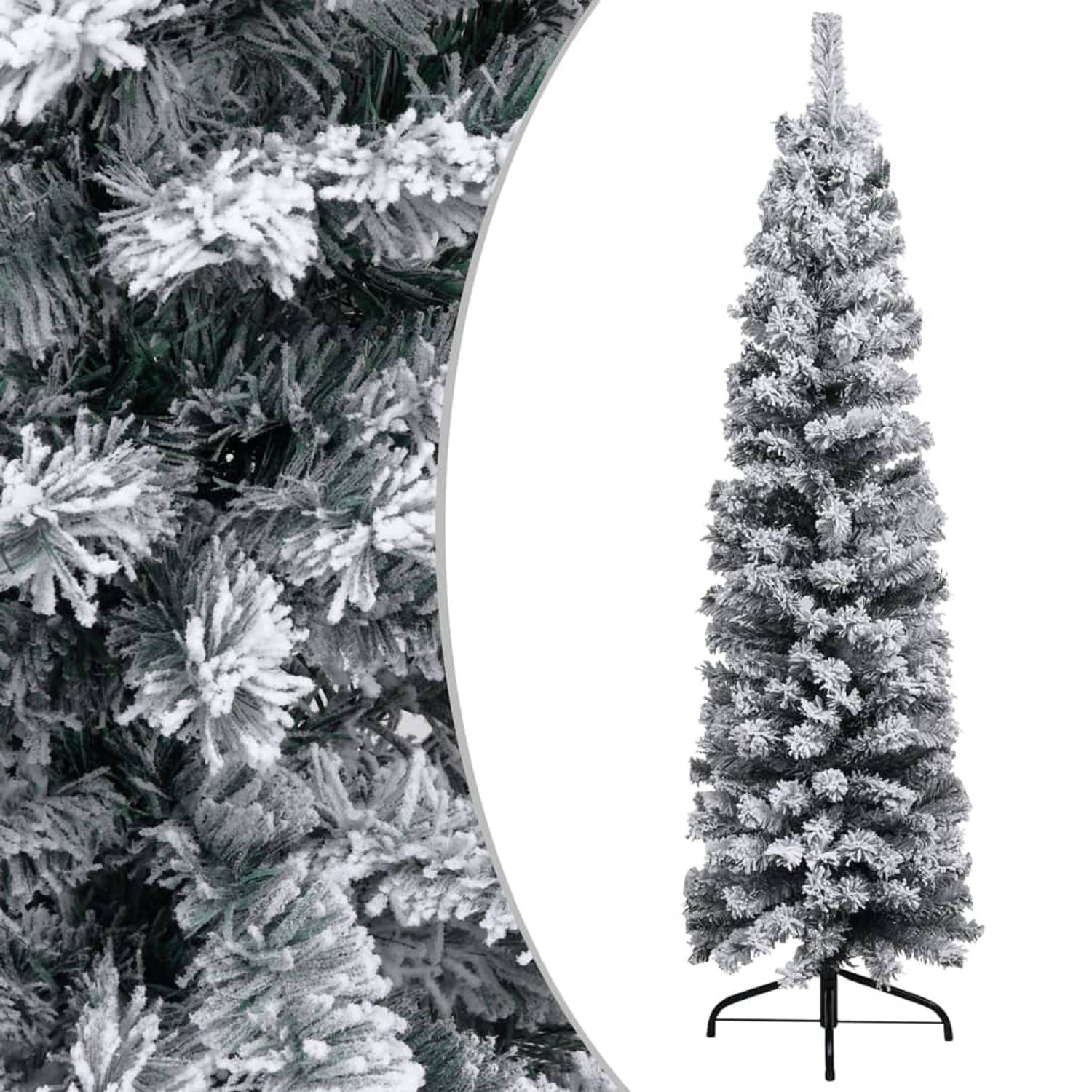 The Living Store Kerstboom met LED's en kerstballen smal 120 cm PVC groen - Decoratieve kerstboom