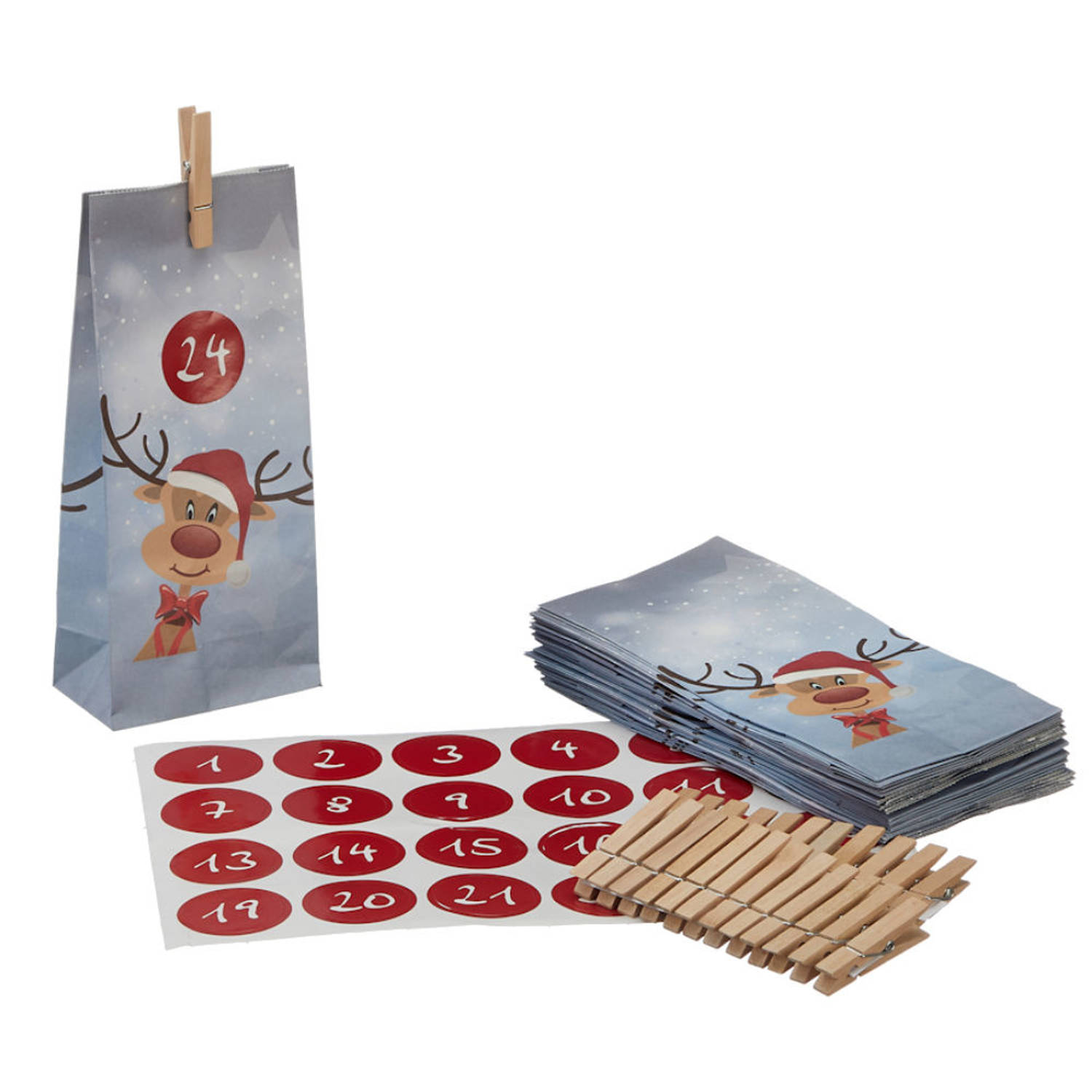 Decopatent® Adventskalender Rendieren - 24 Kerst Zakjes en Stickers -