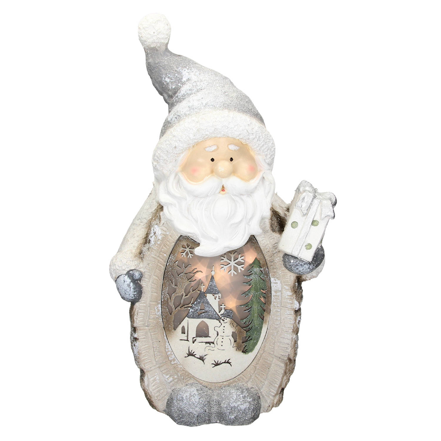 Ecd Germany Kerstman Decoratie Figuur Met Led-verlichting 52cm Warm Wit Met Grijze Hoed En Sjaal, Houten Look