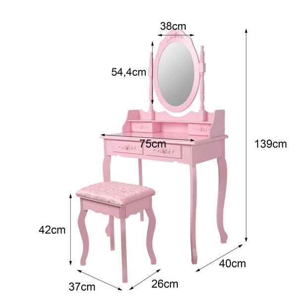 ML-Design kaptafel met krukje, roze, 75x140x40 cm, gemaakt van MDF spaanplaat