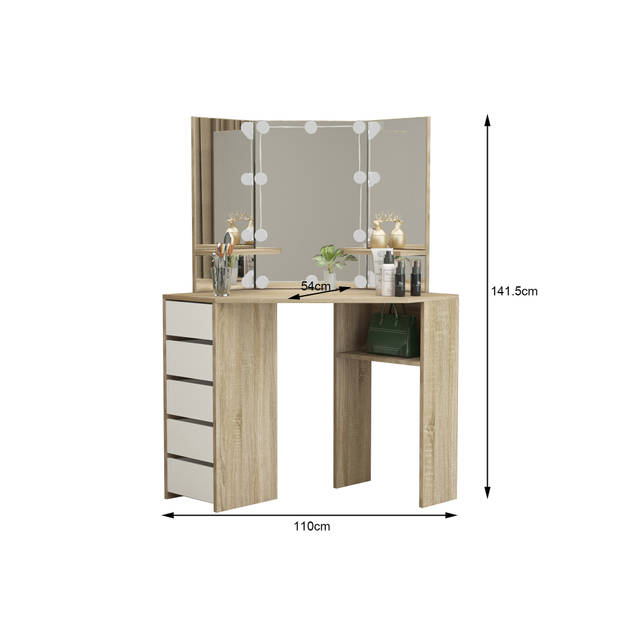 ML-Design kaptafel met LED-verlichting, wit/sonoma, 110x141,5x54 cm, gemaakt van MDF-spaanplaat