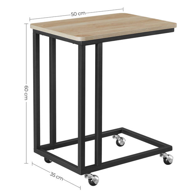 Bijzettafel op Wieltjes, Rollend Tafeltje voor Laptop of Ontbijt, Lichte eik kleur