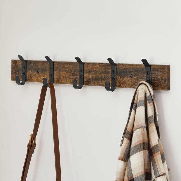 ACAZA houten Wandkapstok met 5 Haken - Compacte Muur Kapstok - Industriële stijl - Vintage Bruin / Zwart