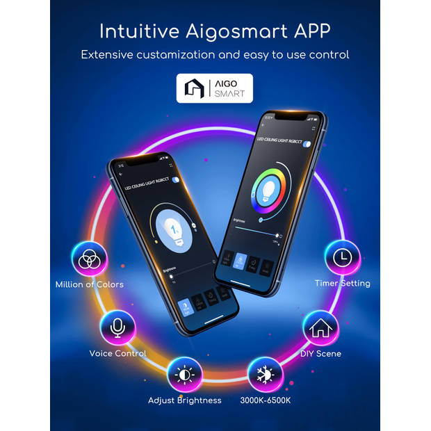 Aigostar Smart LED Plafondlamp QZB - Slimme Plafonniere - Appbesturing - iOS & Android - WiFi - 18W