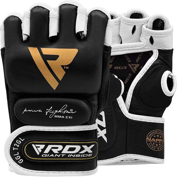 RDX Sports T2 Leather MMA Handschoenen - Goud / Zwart - Leer - Small - Leer