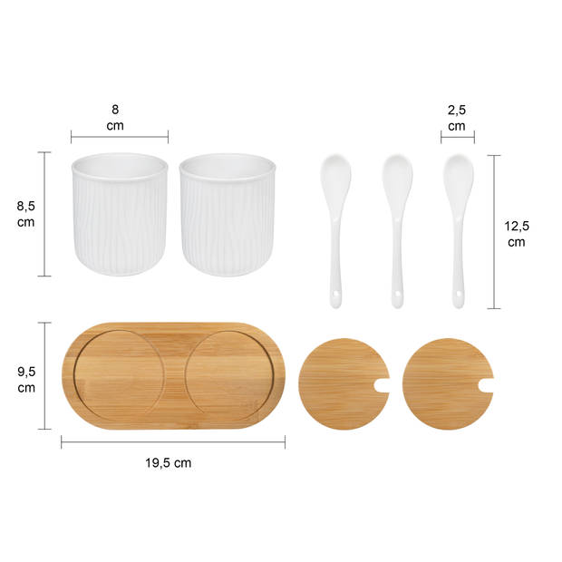 Krumble 2 keramieke potjes met lepels op ronde houten plankje - Wit + wit