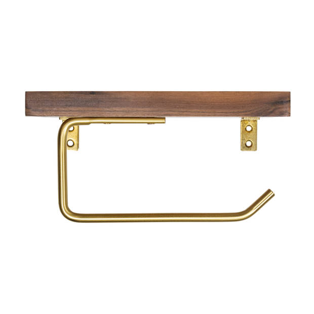 QUVIO Toiletrolhouder metaal met telefoon plank - Donker hout + goud