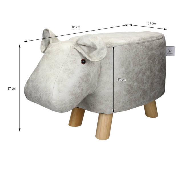 WOMO-DESIGN dierenkruk nijlpaard wit/grijs, 65x31x37 cm, gemaakt van kunstleer