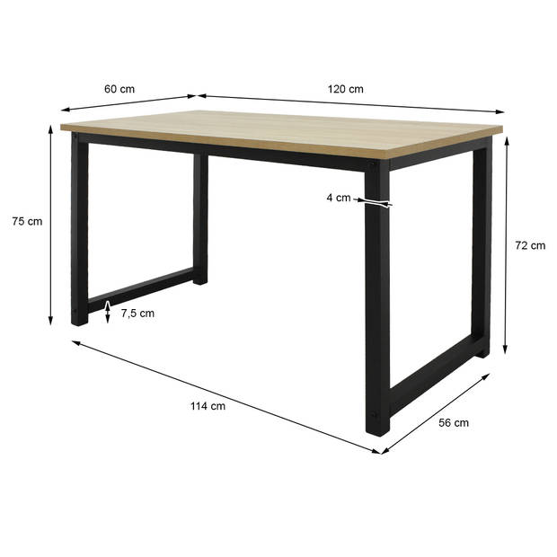 ML-Design bureau eiken-zwart, 120x60x75 cm, gemaakt van MDF en metaal met poedercoating