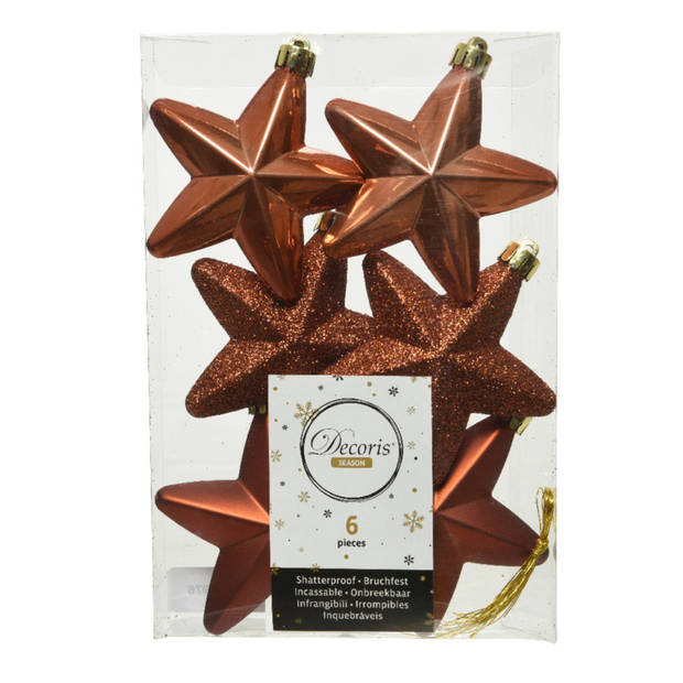6x stuks kunststof sterren kersthangers terra bruin 7 cm - Kersthangers