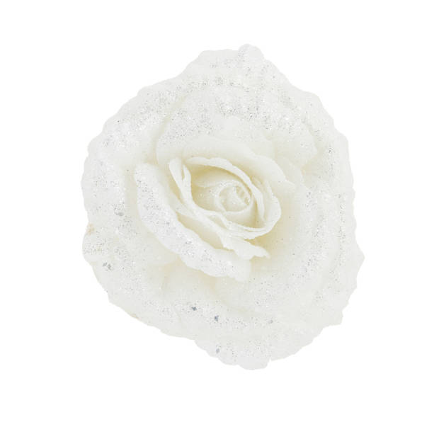 6x stuks decoratie bloemen roos wit glitter op clip 18 cm - Kunstbloemen
