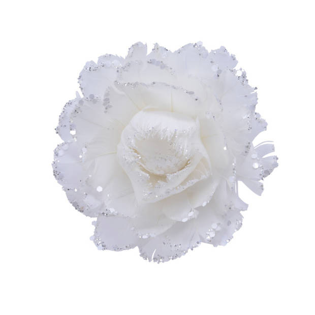 4x stuks decoratie bloemen wit met veertjes op clip 11 cm - Kunstbloemen