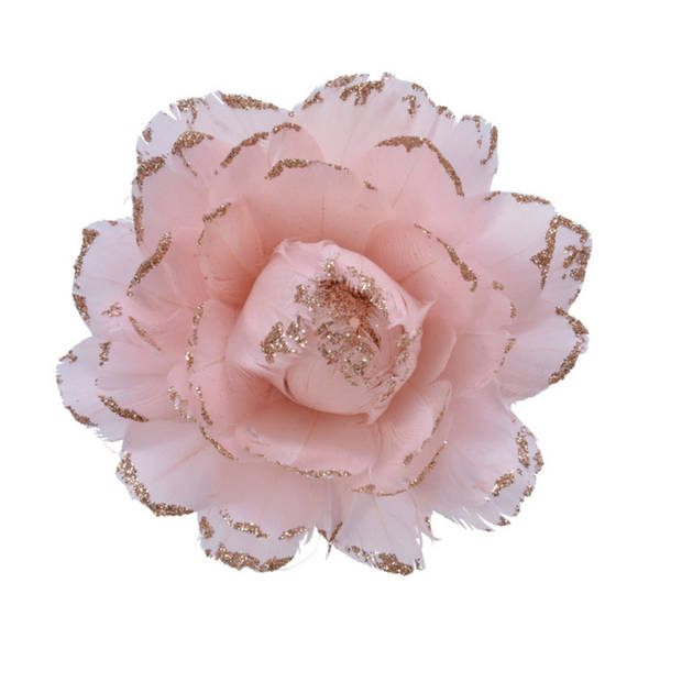 2x stuks decoratie bloemen lichtroze met veertjes op clip 11 cm - Kunstbloemen