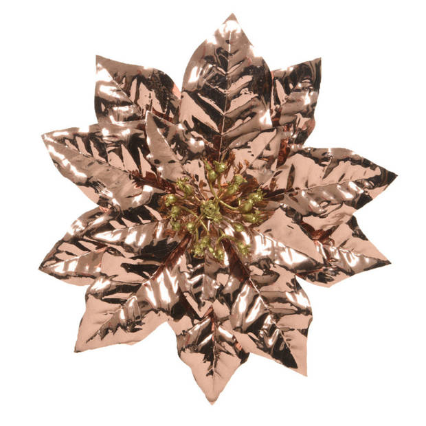 3x stuks decoratie bloemen kerstster koper glitter op clip 24 cm - Kunstbloemen