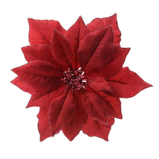 4x stuks decoratie bloemen kerstster rood glitter op clip 24 cm - Kunstbloemen