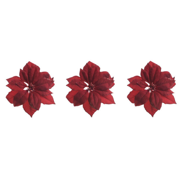 6x stuks decoratie bloemen kerstster rood glitter op clip 24 cm - Kunstbloemen