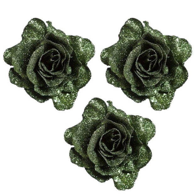 4x stuks groene decoratie rozen glitters op clip 10 cm - Kersthangers