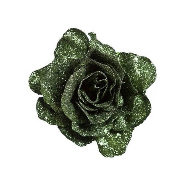 2x Groene decoratie roos glitters op clip 10 cm - Kersthangers