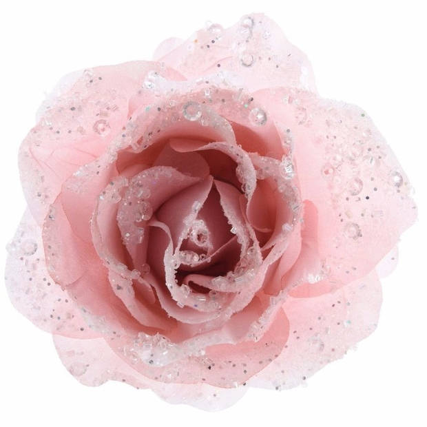 Kerstboom decoratie roos poeder roze 14 cm - Kunstbloemen