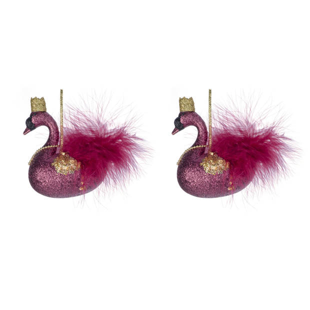 2x stuks kunststof kersthangers zwaan fuchsia roze 14 cm kerstornamenten - Kersthangers