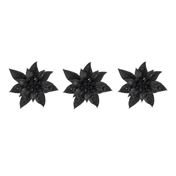 2x stuks decoratie bloemen kerstster zwart glitter op clip 15 cm - Kunstbloemen