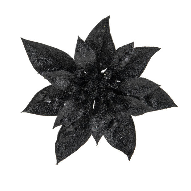 2x stuks decoratie bloemen kerstster zwart glitter op clip 15 cm - Kunstbloemen