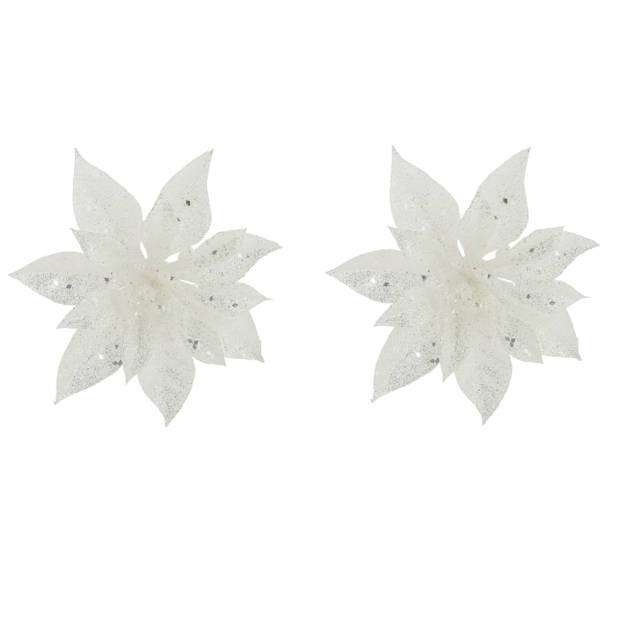 2x stuks decoratie bloemen kerstster wit glitter op clip 15 cm - Kunstbloemen