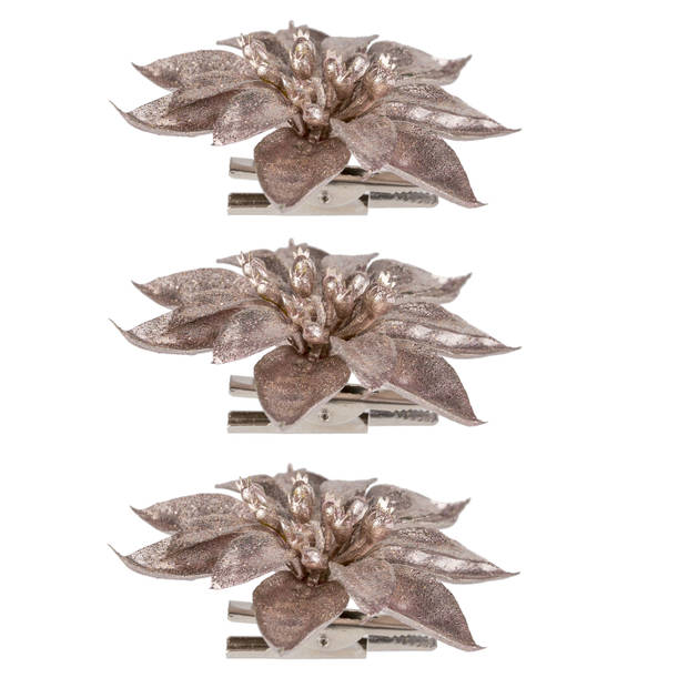 2x stuks decoratie bloemen kerstster roze glitter op clip 9 cm - Kunstbloemen
