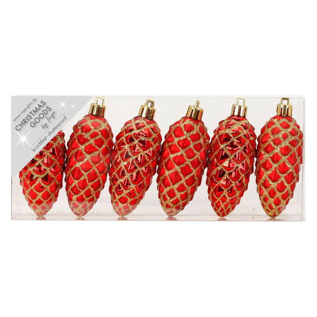 18x stuks kunststof kersthangers dennenappels rood 9 cm kerstornamenten - Kersthangers