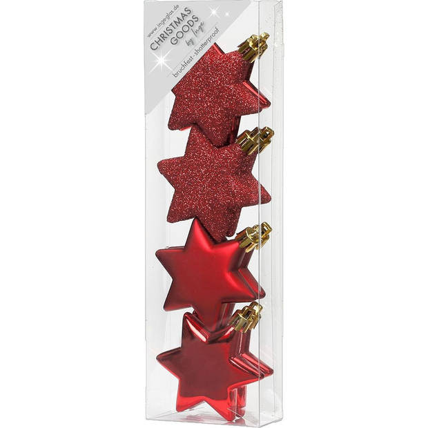 32x stuks kunststof kersthangers sterren rood 6 cm kerstornamenten - Kersthangers