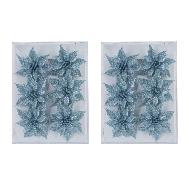24x stuks decoratie bloemen rozen ijsblauw glitter op ijzerdraad 8 cm - Kersthangers