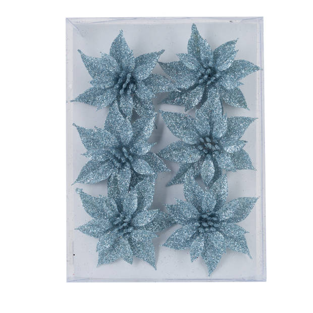 24x stuks decoratie bloemen rozen ijsblauw glitter op ijzerdraad 8 cm - Kersthangers