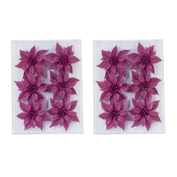 18x stuks decoratie bloemen rozen fuchsia roze glitter op ijzerdraad 8 cm - Kersthangers