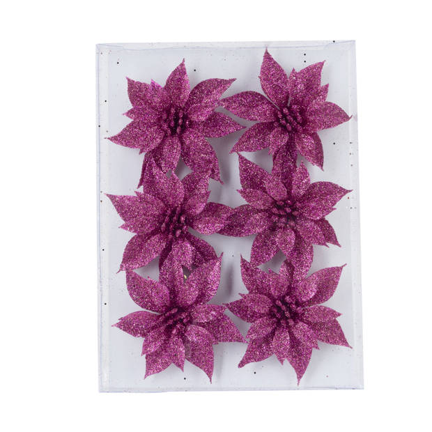 18x stuks decoratie bloemen rozen fuchsia roze glitter op ijzerdraad 8 cm - Kersthangers