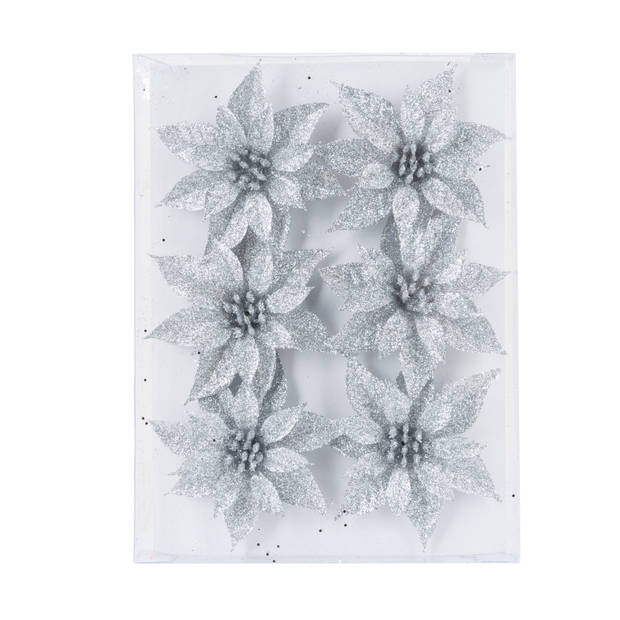 12x stuks decoratie bloemen rozen zilver glitter op ijzerdraad 8 cm - Kersthangers
