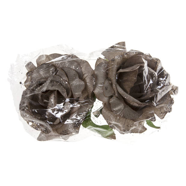 4x stuks decoratie bloemen roos zilver glitter op clip 10 cm - Kunstbloemen