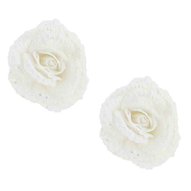 2x stuks decoratie bloemen roos wit glitter op clip 18 cm - Kunstbloemen